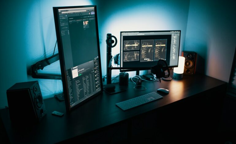 Two computer monitors sit on a black desk in a dimly lit room offering enhanced commercial real estate technology.